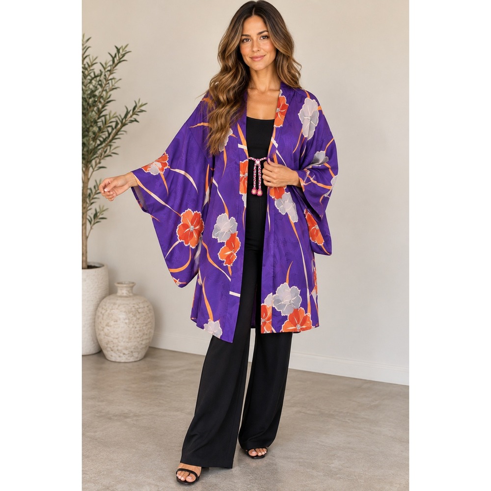 Vintage Japanese Haori Kimono Purple Floral Robe